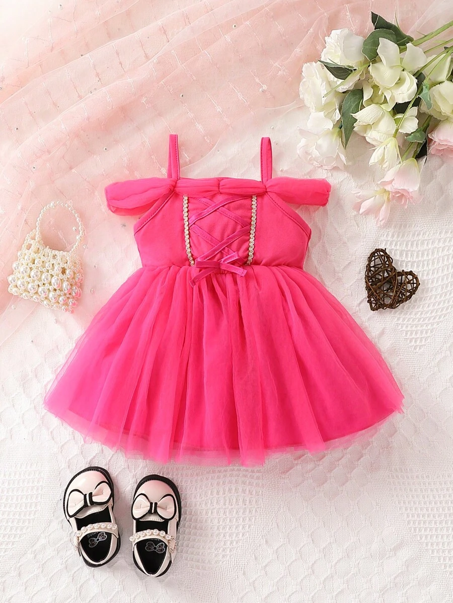 嬰兒挖肩前蝴蝶結網紗邊洋裝 - 玫紅色 - 查看 1