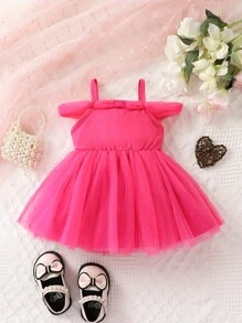 嬰兒挖肩前蝴蝶結網紗邊洋裝 - 玫紅色 - 查看 2