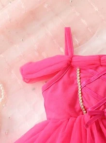 嬰兒挖肩前蝴蝶結網紗邊洋裝 - 玫紅色 - 查看 4