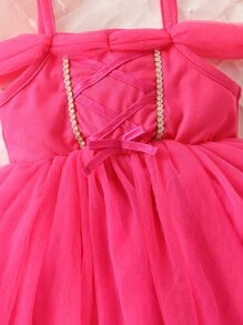 嬰兒挖肩前蝴蝶結網紗邊洋裝 - 玫紅色 - 查看 5