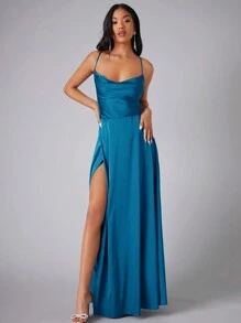 RueChic Vestido de dama de honor formal de satén con escote cruzado y espalda descubierta, elegante vestido de fiesta, graduación, cena y boda