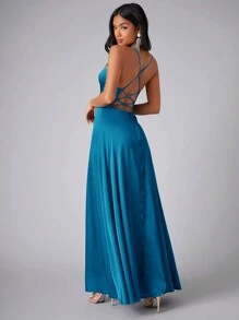 RueChic Vestido de dama de honor formal de satén con escote cruzado y espalda descubierta, elegante vestido de fiesta, graduación, cena y boda
