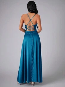 RueChic Vestido de dama de honor formal de satén con escote cruzado y espalda descubierta, elegante vestido de fiesta, graduación, cena y boda