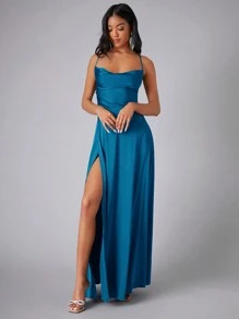RueChic Vestido de dama de honor formal de satén con escote cruzado y espalda descubierta, elegante vestido de fiesta, graduación, cena y boda