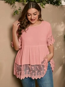 SHEIN LUNE 大碼拼接網紗刺繡荷葉袖荷葉邊下擺襯衫 - 藕粉色 - 查看 1
