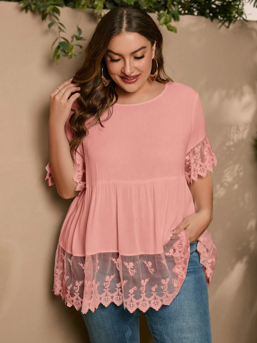 SHEIN LUNE 大碼拼接網紗刺繡荷葉袖荷葉邊下擺襯衫 - 藕粉色 - 查看 1