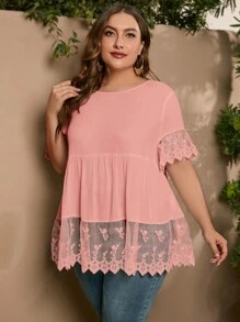 SHEIN LUNE 大碼拼接網紗刺繡荷葉袖荷葉邊下擺襯衫 - 藕粉色 - 查看 3