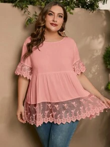 SHEIN LUNE 大碼拼接網紗刺繡荷葉袖荷葉邊下擺襯衫 - 藕粉色 - 查看 6