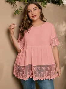 SHEIN LUNE 大碼拼接網紗刺繡荷葉袖荷葉邊下擺襯衫 - 藕粉色 - 查看 7