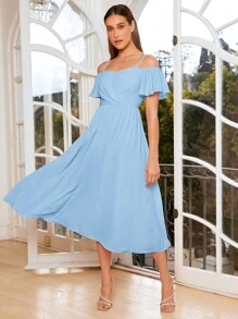 SHEIN Belle Cold Shoulder Solid Bridesmaid Dress - Baby Blue - View 4