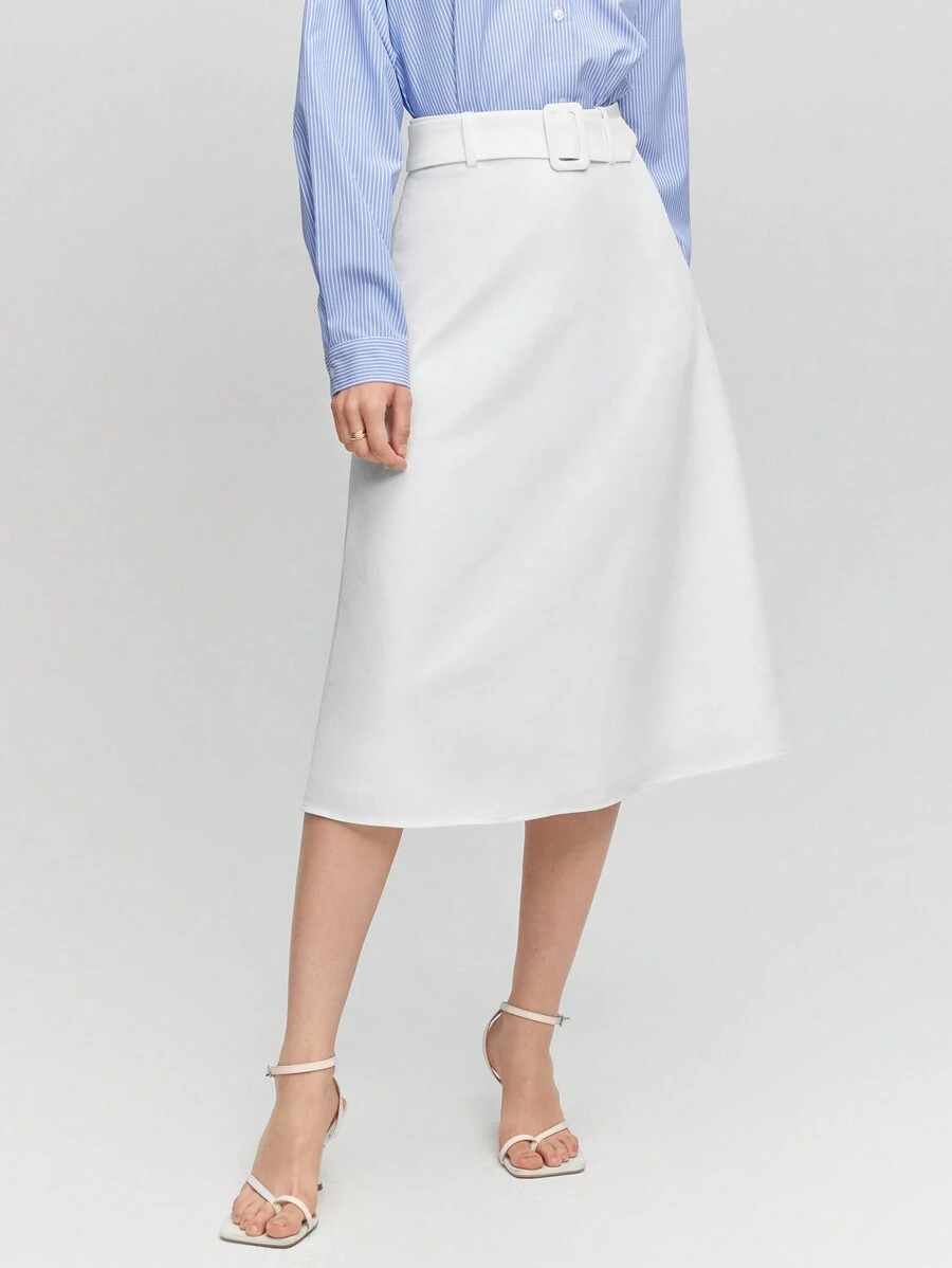 BizChic 素色腰帶喇叭半身裙 - 白色 - 查看 1