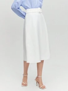 BizChic 素色腰帶喇叭半身裙 - 白色 - 查看 4
