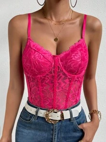 Chiquease Solid Lace Cami Bodysuit - Hot Pink - View 6