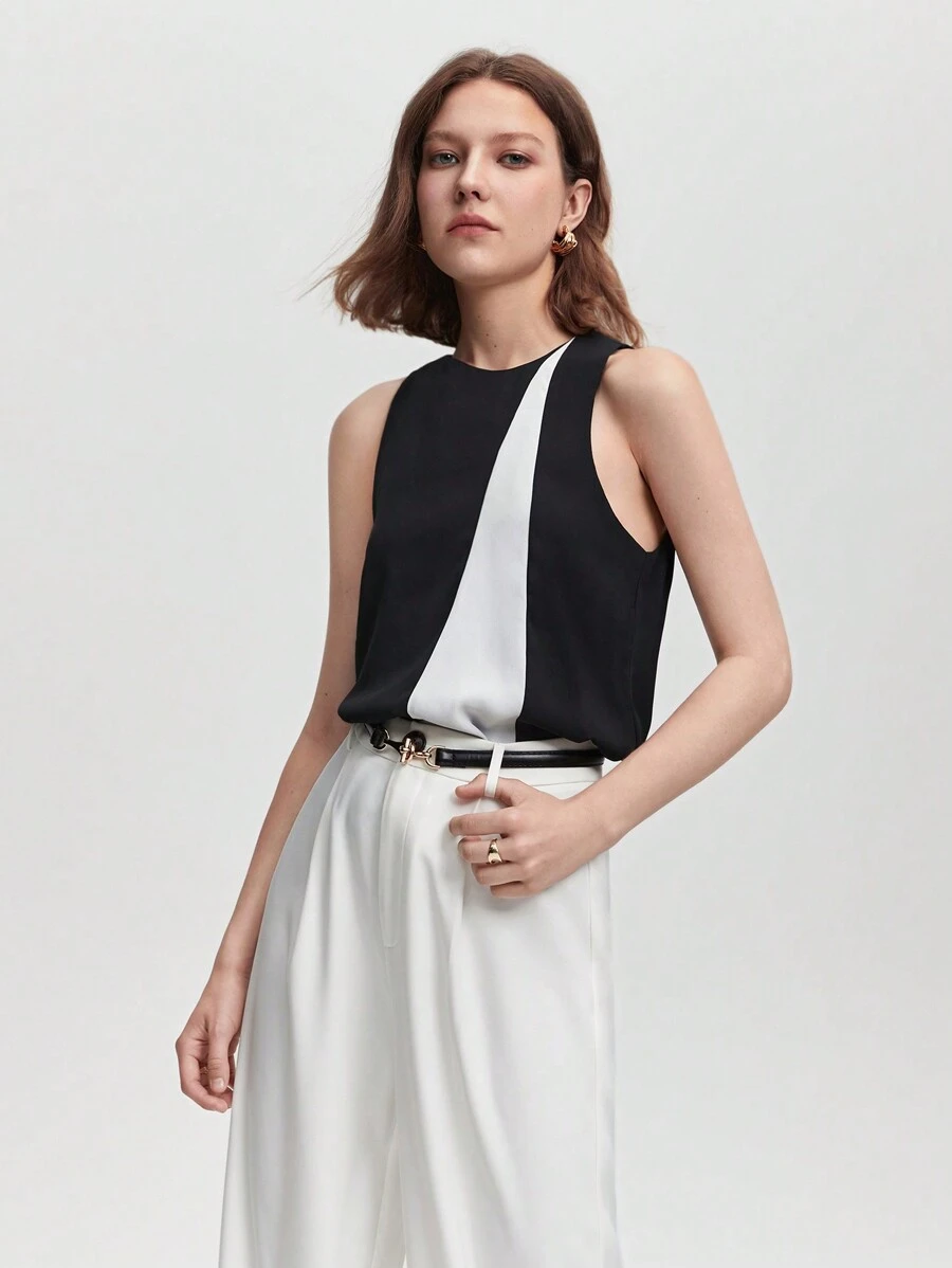 BizChic Two Tone Sleeveless Blouse Workwear - Black and White - View 1