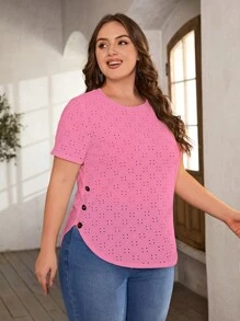 SHEIN LUNE 大碼紐扣細節弧形下擺網眼刺繡T恤 - 玫紅色 - 查看 1