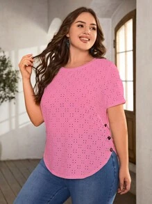 SHEIN LUNE 大碼紐扣細節弧形下擺網眼刺繡T恤 - 玫紅色 - 查看 3