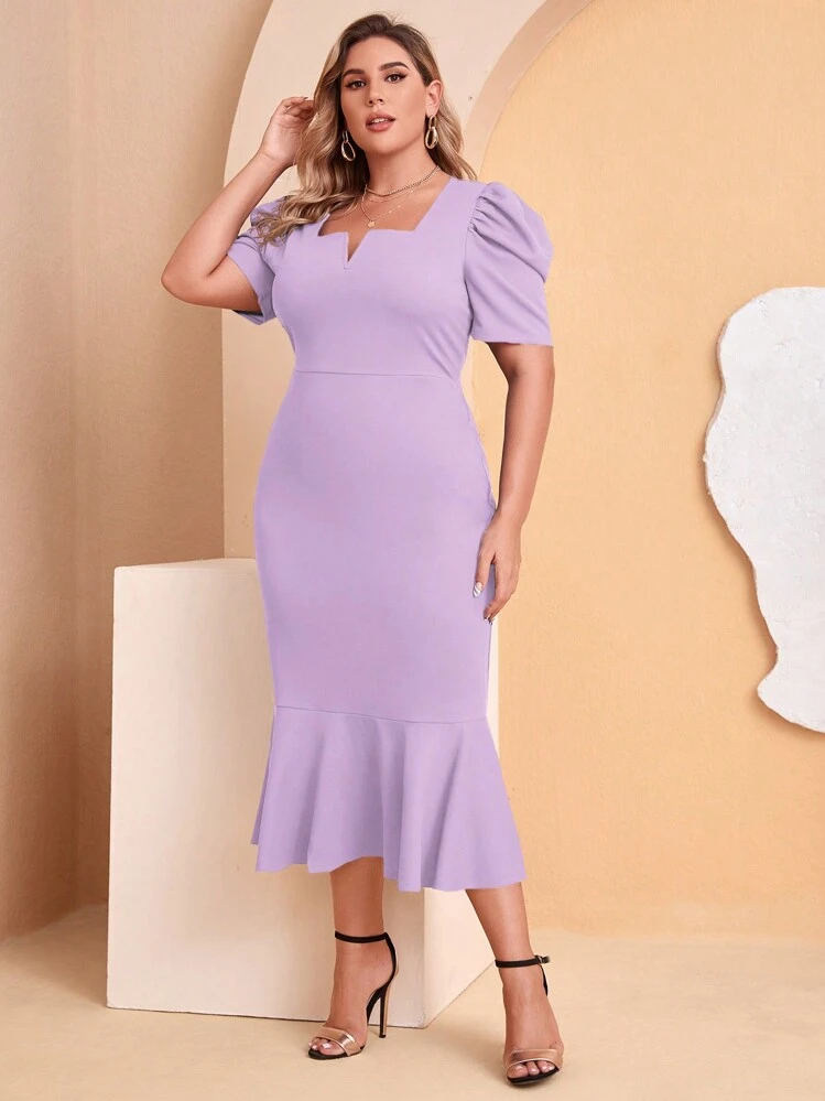 SHEIN Clasi Plus Notched Neckline Puff Sleeve Mermaid Hem Dress - Lilac Purple - View 2