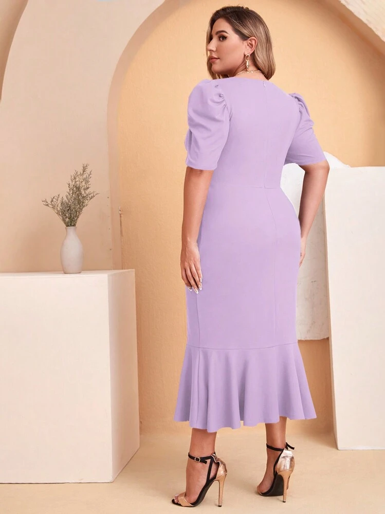 SHEIN Clasi Plus Notched Neckline Puff Sleeve Mermaid Hem Dress - Lilac Purple - View 3