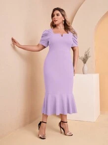 SHEIN Clasi 大碼缺口領泡泡袖魚尾裙下擺連衣裙 - 紫丁香色 - 查看 4