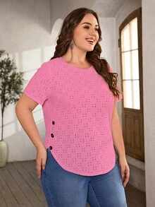 SHEIN LUNE 大碼紐扣細節弧形下擺網眼刺繡T恤 - 玫紅色 - 查看 5