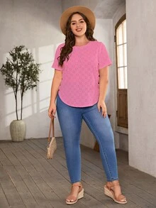 SHEIN LUNE 大碼紐扣細節弧形下擺網眼刺繡T恤 - 玫紅色 - 查看 6