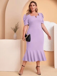 SHEIN Clasi 大碼缺口領泡泡袖魚尾裙下擺連衣裙 - 紫丁香色 - 查看 1