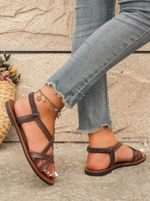 新品上架簡約風和優雅女士交叉帶平底涼鞋 - 鏽棕色 - 查看 3