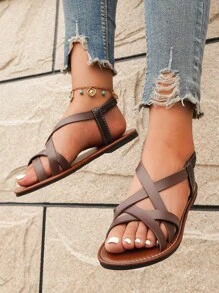 新品上架簡約風和優雅女士交叉帶平底涼鞋 - 鏽棕色 - 查看 4