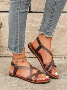 新品上架簡約風和優雅女士交叉帶平底涼鞋 - 鏽棕色 - 查看 5