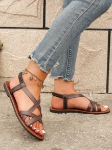 新品上架簡約風和優雅女士交叉帶平底涼鞋 - 鏽棕色 - 查看 7