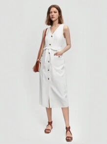 BizChic Button Front Belted Dress - White - View 1
