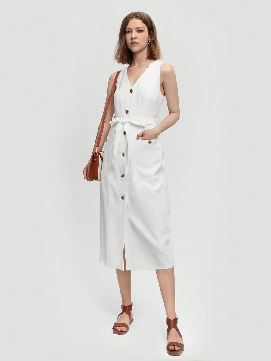 BizChic Button Front Belted Dress - White - View 1