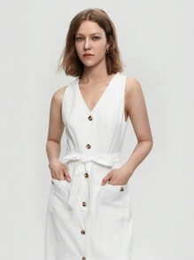 BizChic Button Front Belted Dress - White - View 5