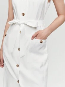 BizChic Button Front Belted Dress - White - View 6