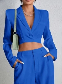 BizChic Lapel Neck Crop Blazer Workwear - Royal Blue - View 1