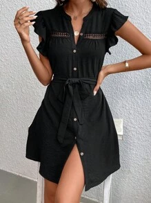 SHEIN VCAY 水溶蕾絲拼接荷葉邊繫腰帶洋裝 - 黑色 - 查看 5