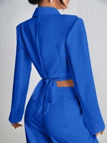 BizChic Lapel Neck Crop Blazer Workwear - Royal Blue - View 2
