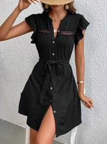 SHEIN VCAY 水溶蕾絲拼接荷葉邊繫腰帶洋裝 - 黑色 - 查看 6