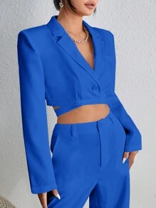 BizChic Lapel Neck Crop Blazer Workwear - Royal Blue - View 4