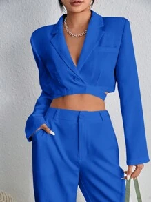 BizChic Lapel Neck Crop Blazer Workwear - Royal Blue - View 5