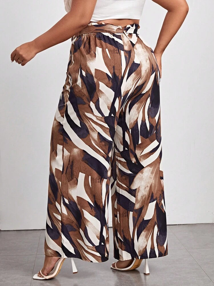 SHEIN LUNE Plus Allover Print Paperbag Waist Belted Wide Leg Pants - Multicolor - View 2