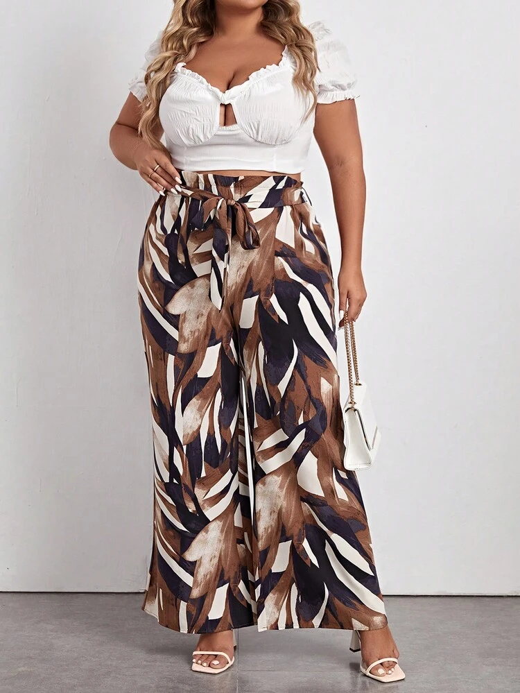 SHEIN LUNE Plus Allover Print Paperbag Waist Belted Wide Leg Pants - Multicolor - View 3