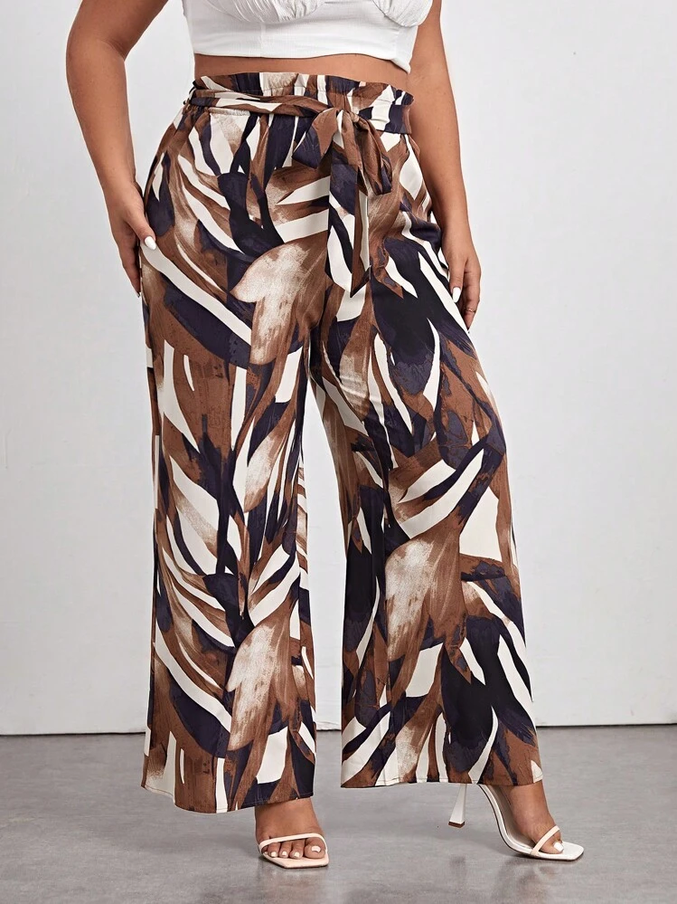 SHEIN LUNE Plus Allover Print Paperbag Waist Belted Wide Leg Pants - Multicolor - View 5