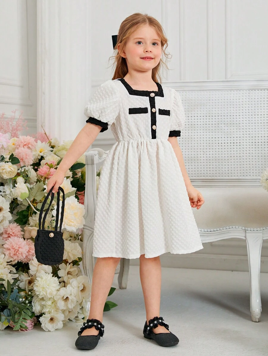 SHEIN Đầm bé gái Tương phản ràng buộc Nút phía trước màu trơn Giải trí - trắng - Xem 1