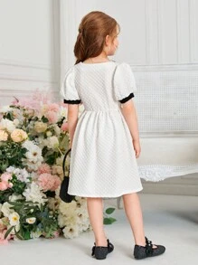 SHEIN Đầm bé gái Tương phản ràng buộc Nút phía trước màu trơn Giải trí - trắng - Xem 2