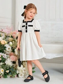 SHEIN Đầm bé gái Tương phản ràng buộc Nút phía trước màu trơn Giải trí - trắng - Xem 3