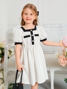 SHEIN Đầm bé gái Tương phản ràng buộc Nút phía trước màu trơn Giải trí - trắng - Xem 4