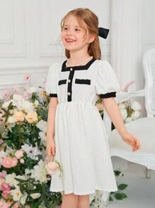 SHEIN Đầm bé gái Tương phản ràng buộc Nút phía trước màu trơn Giải trí - trắng - Xem 5