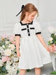 SHEIN Đầm bé gái Tương phản ràng buộc Nút phía trước màu trơn Giải trí - trắng - Xem 6