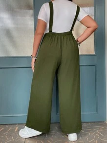 SHEIN LUNE 大碼素色闊腿背帶連身褲不帶T恤 - 軍綠色 - 查看 2